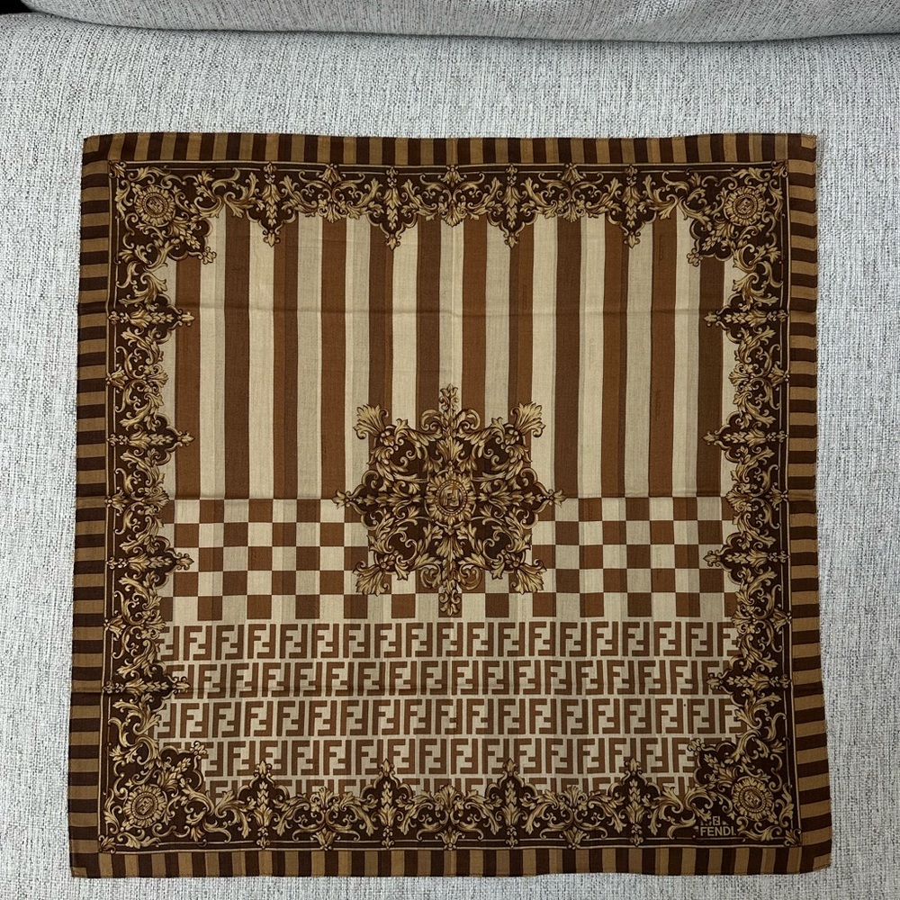 Fendi Brown and Tan Baroque Logo Square Scarf